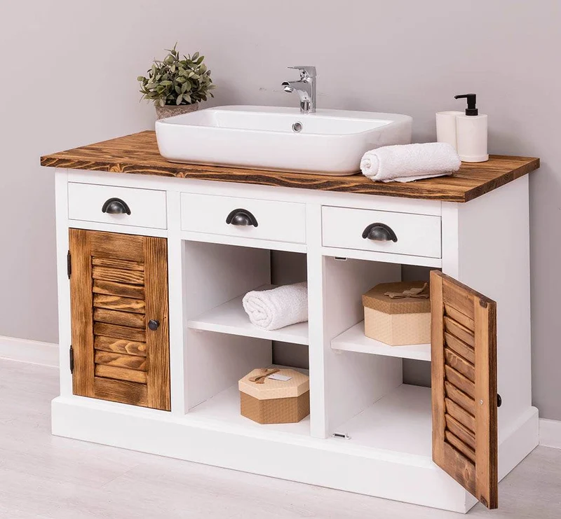 Waschbeckenunterschrank aus Massivholz mit Lamellentüren