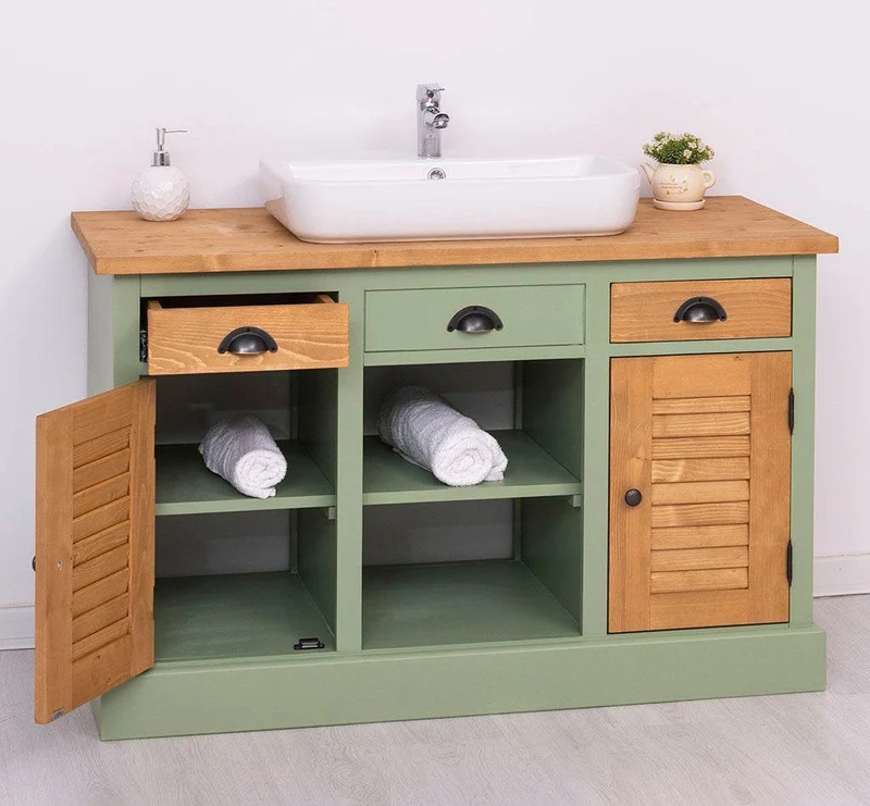 Waschbeckenunterschrank aus Massivholz mit Lamellentüren