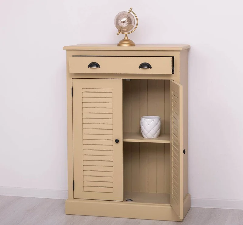 Kleine Vintage Kommode aus Massivholz mit Lamellentüren