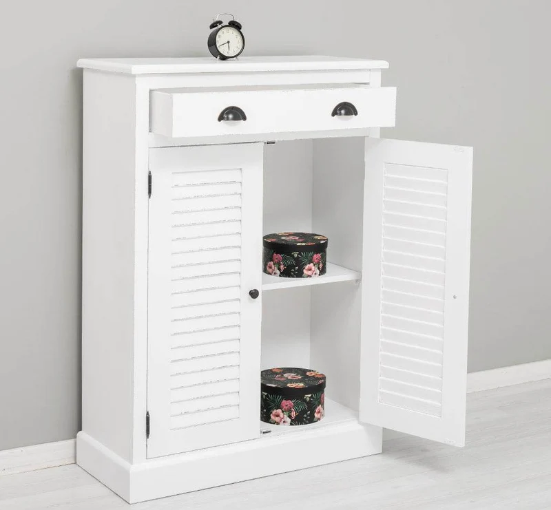 Kleine Vintage Kommode aus Massivholz mit Lamellentüren