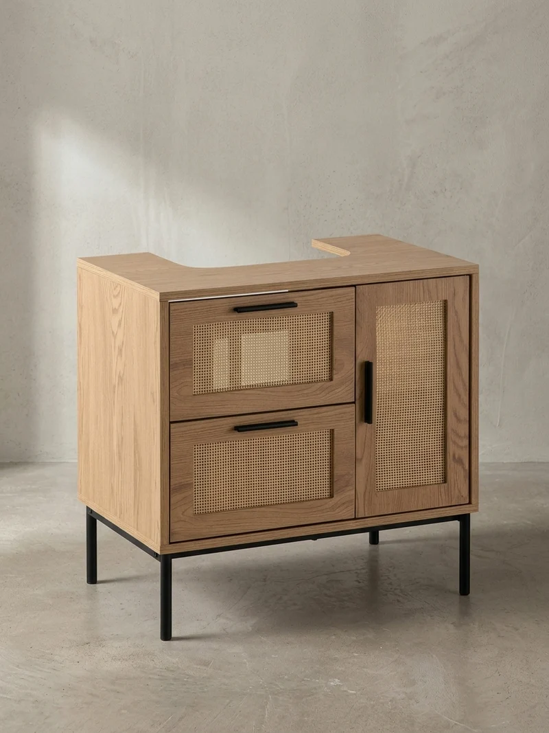 Waschbeckenunterschrank Eiche-Optik 60x60x40 cm mit Tür, Schubladen und Rattangeflecht