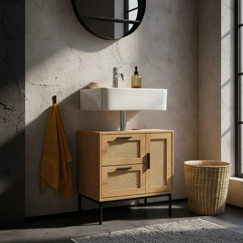Waschbeckenunterschrank Eiche-Optik 60x60x40 cm mit Tür, Schubladen und Rattangeflecht