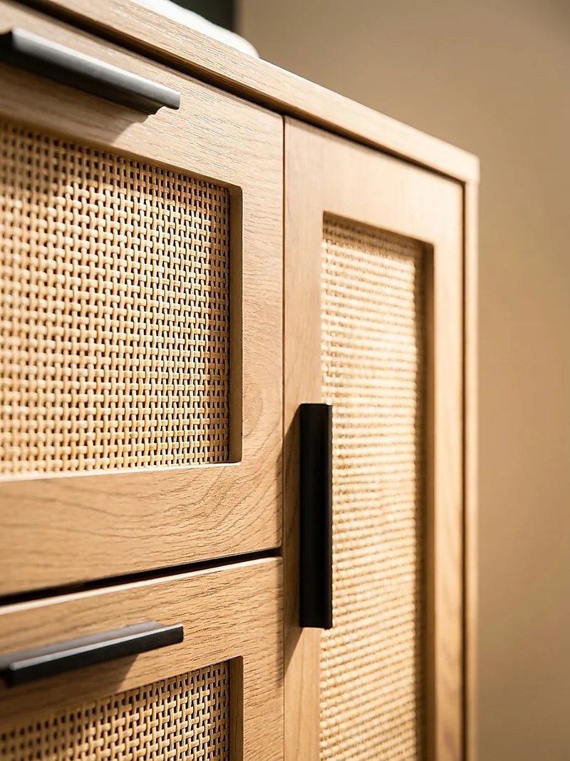 Waschbeckenunterschrank Eiche-Optik 60x60x40 cm mit Tür, Schubladen und Rattangeflecht