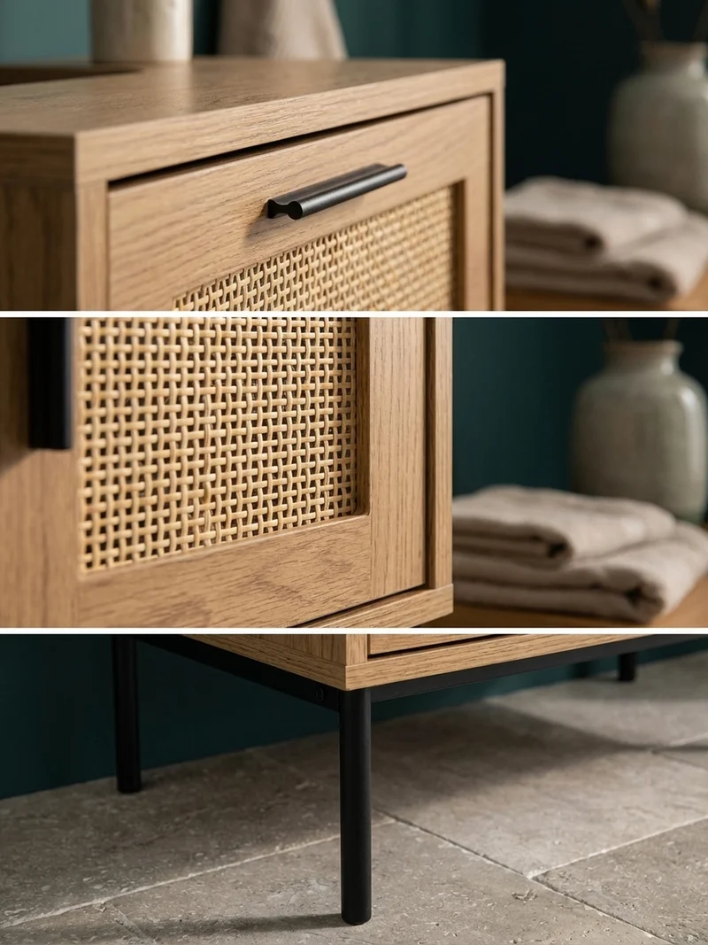 Waschbeckenunterschrank Eiche-Optik 60x60x40 cm mit Tür, Schubladen und Rattangeflecht