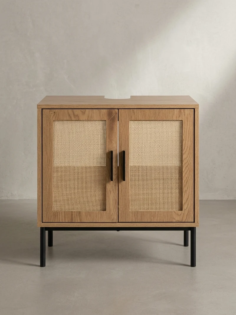 Waschbeckenunterschrank Eiche-Optik 60x60x40 cm mit Türen und Rattangeflecht