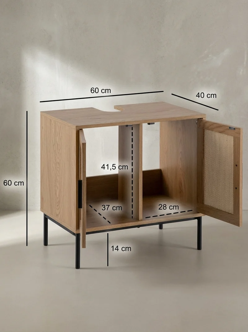 Waschbeckenunterschrank Eiche-Optik 60x60x40 cm mit Türen und Rattangeflecht