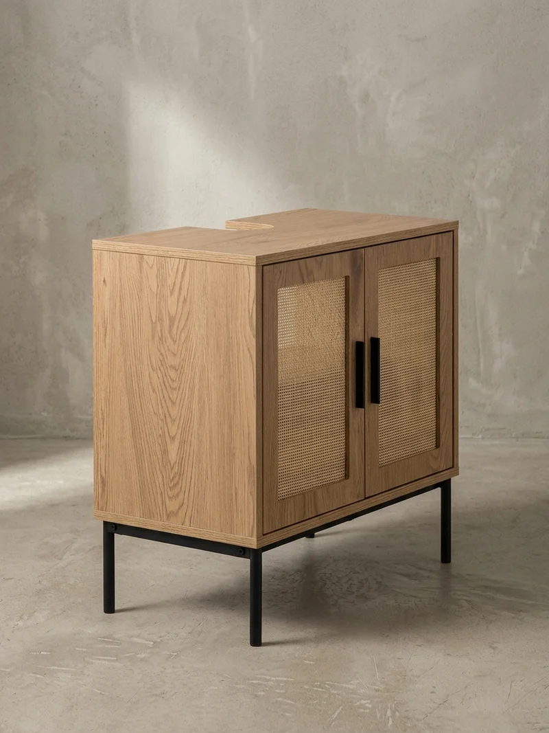 Waschbeckenunterschrank Eiche-Optik 60x60x40 cm mit Türen und Rattangeflecht