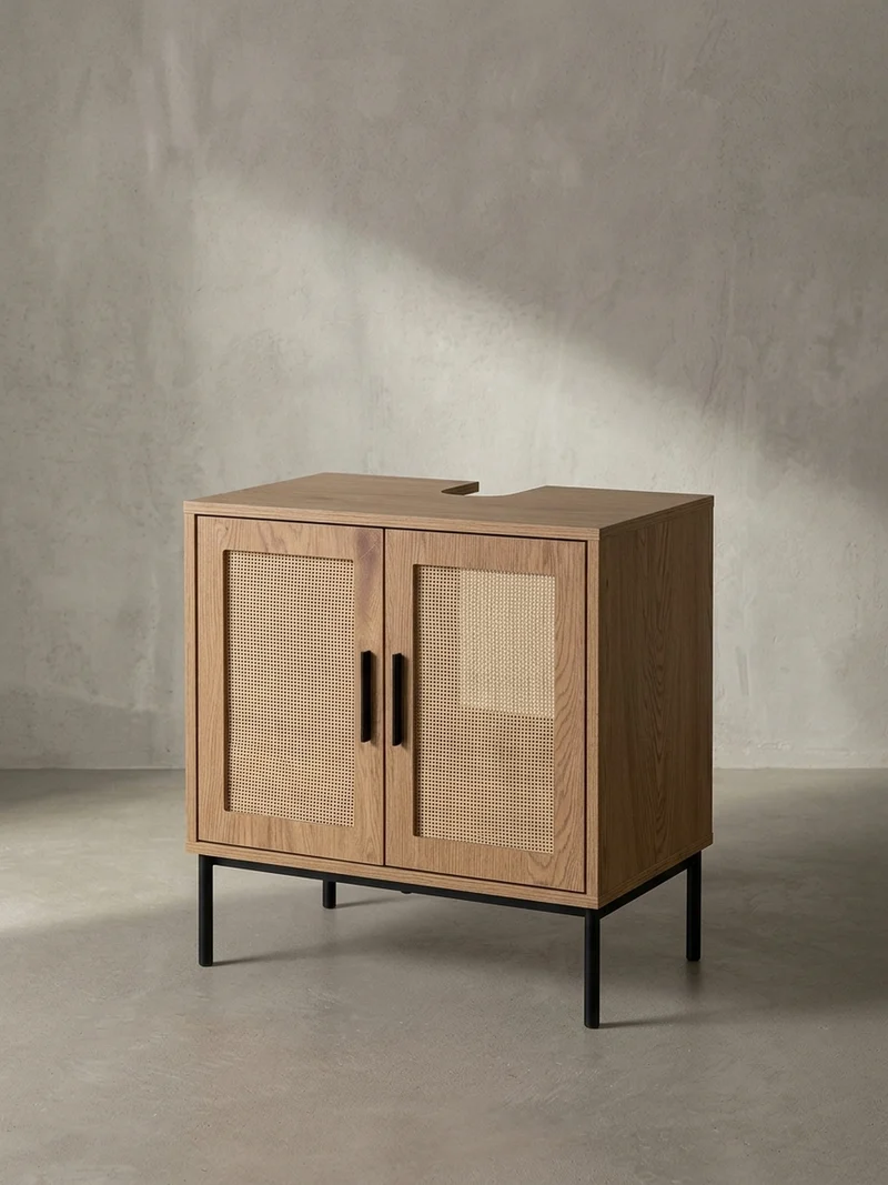 Waschbeckenunterschrank Eiche-Optik 60x60x40 cm mit Türen und Rattangeflecht