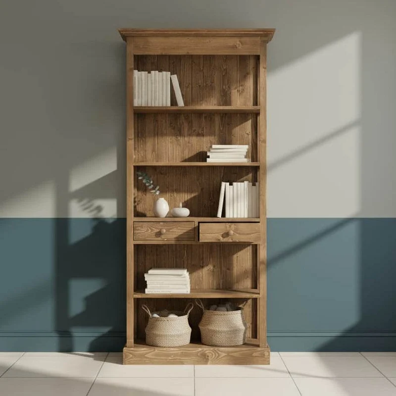 Schlichtes Regal aus Massivholz mit Schubladen und offenen Seiten