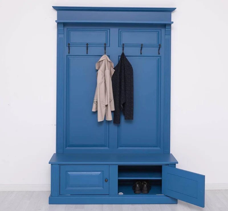 Garderobe aus Massivholz mit 6 Haken und 2 Staufächern unifarben