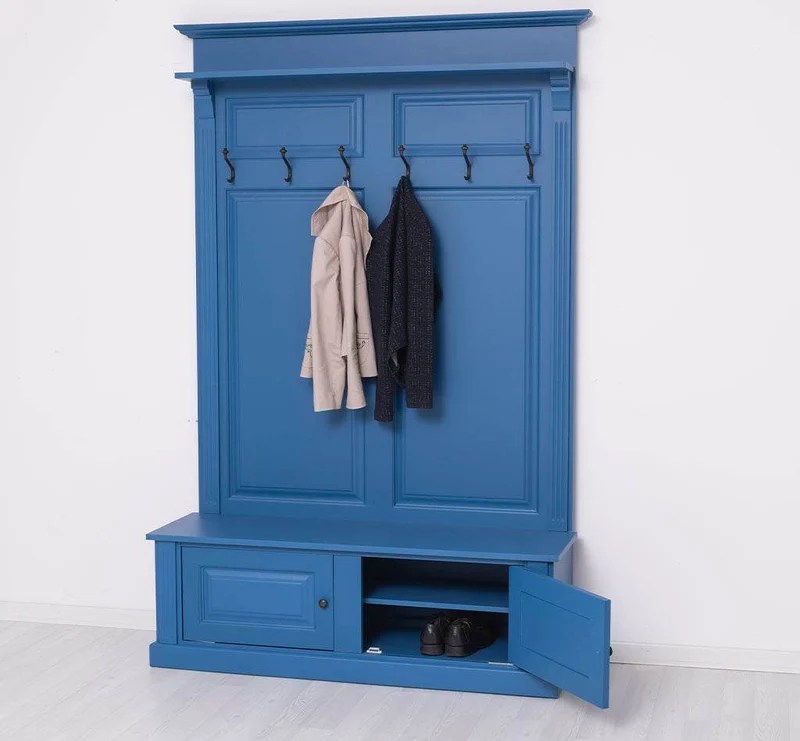 Garderobe aus Massivholz mit 6 Haken und 2 Staufächern unifarben
