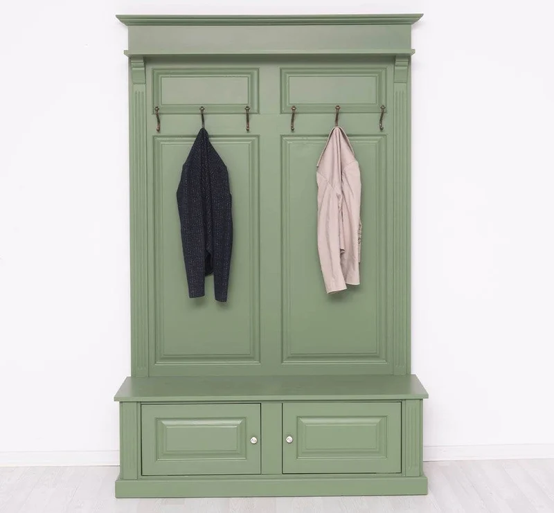 Garderobe aus Massivholz mit 6 Haken und 2 Staufächern unifarben