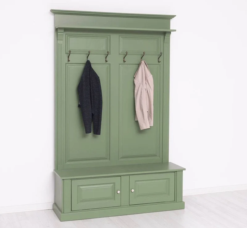 Garderobe aus Massivholz mit 6 Haken und 2 Staufächern unifarben