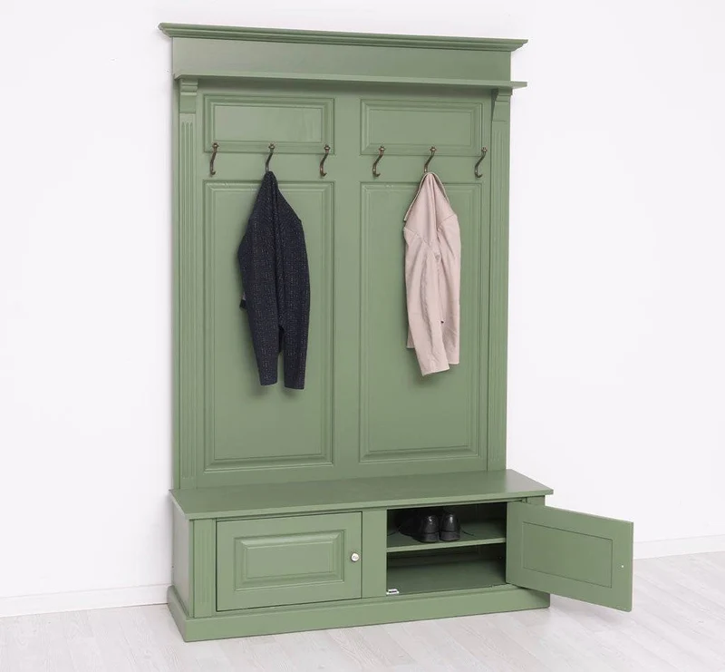 Garderobe aus Massivholz mit 6 Haken und 2 Staufächern unifarben