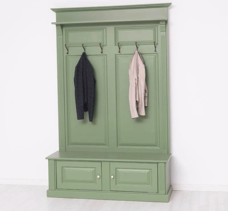 Garderobe aus Massivholz mit 6 Haken und 2 Staufächern unifarben