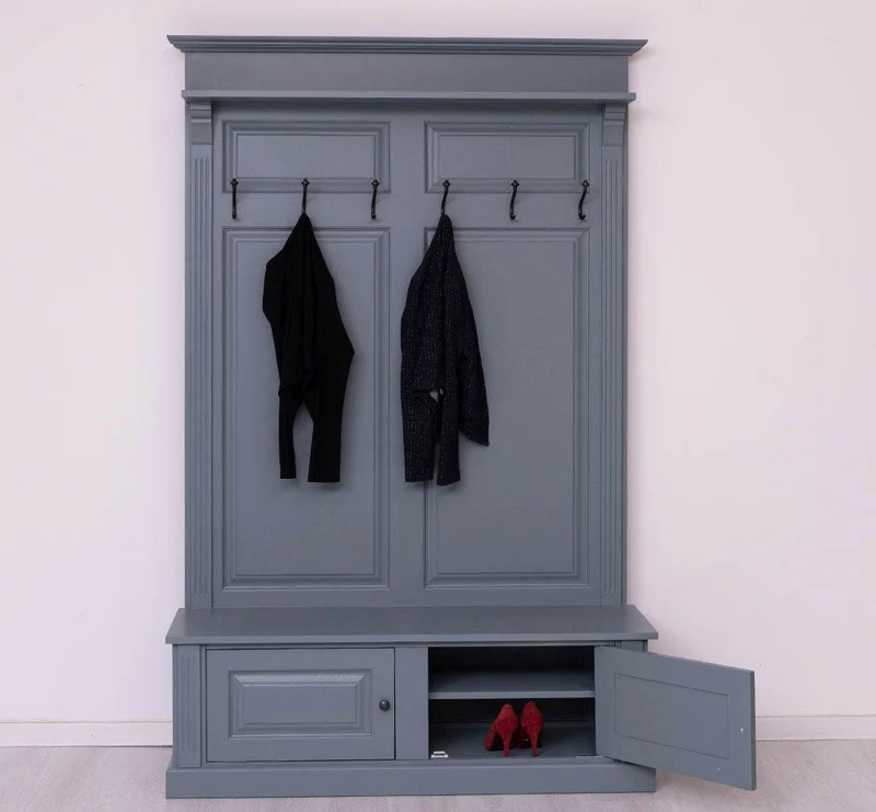 Garderobe aus Massivholz mit 6 Haken und 2 Staufächern unifarben