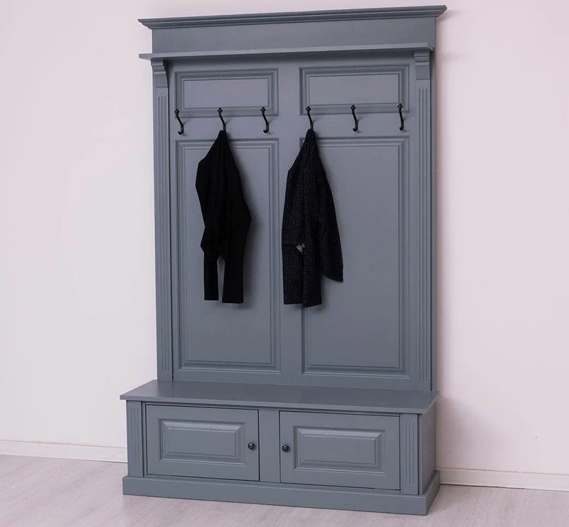 Garderobe aus Massivholz mit 6 Haken und 2 Staufächern unifarben