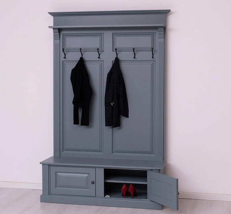 Garderobe aus Massivholz mit 6 Haken und 2 Staufächern unifarben
