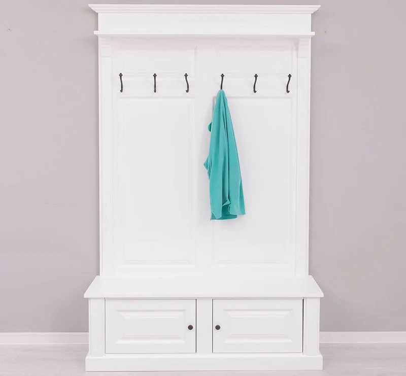 Garderobe aus Massivholz mit 6 Haken und 2 Staufächern unifarben
