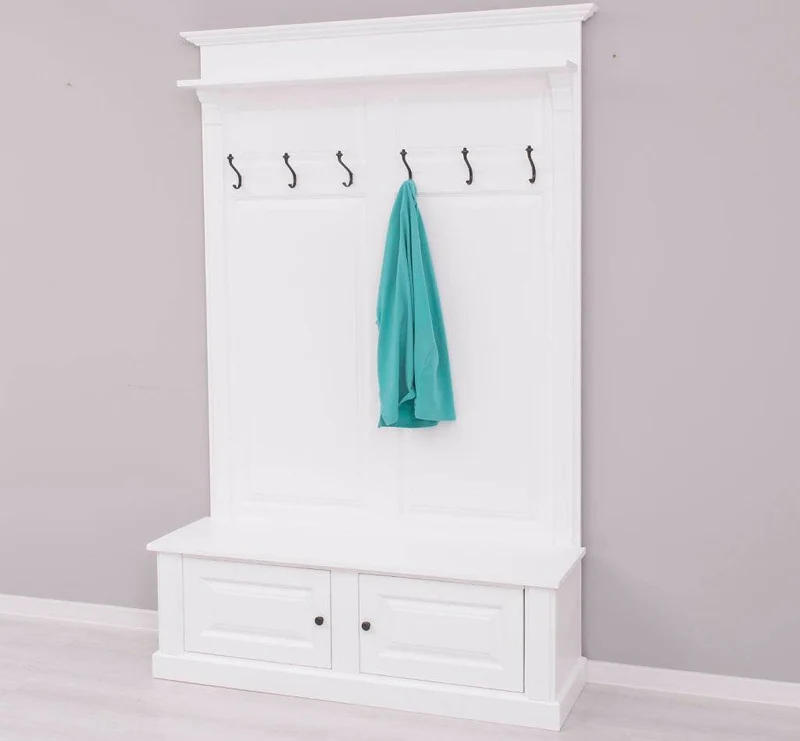 Garderobe aus Massivholz mit 6 Haken und 2 Staufächern unifarben