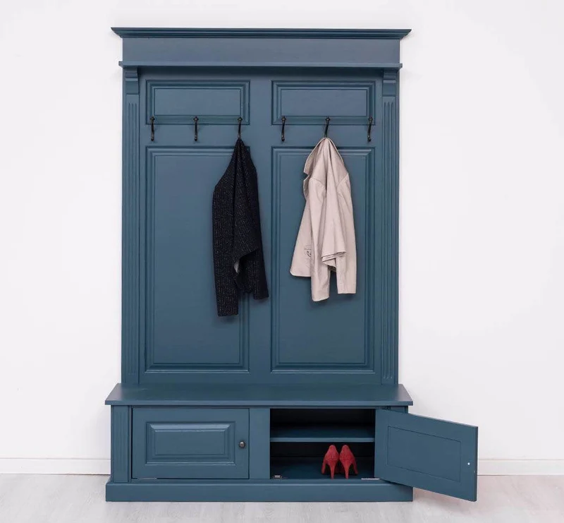 Garderobe aus Massivholz mit 6 Haken und 2 Staufächern unifarben