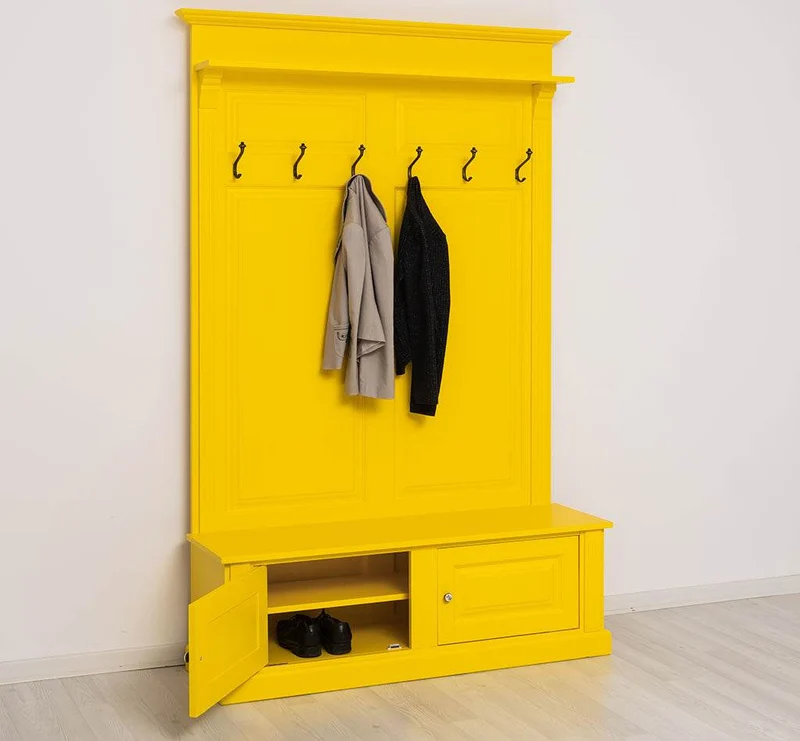 Garderobe aus Massivholz mit 6 Haken und 2 Staufächern unifarben