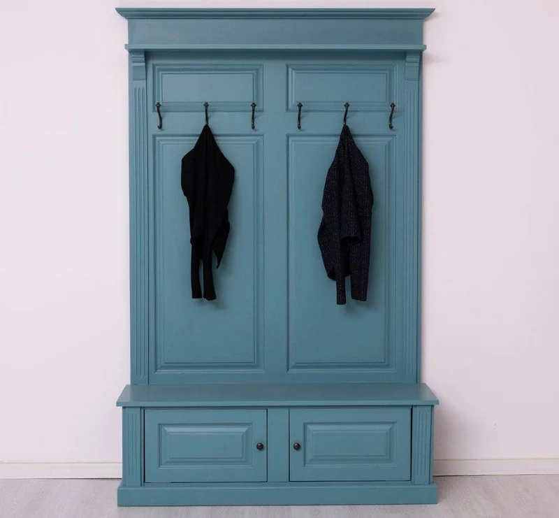 Garderobe aus Massivholz mit 6 Haken und 2 Staufächern unifarben
