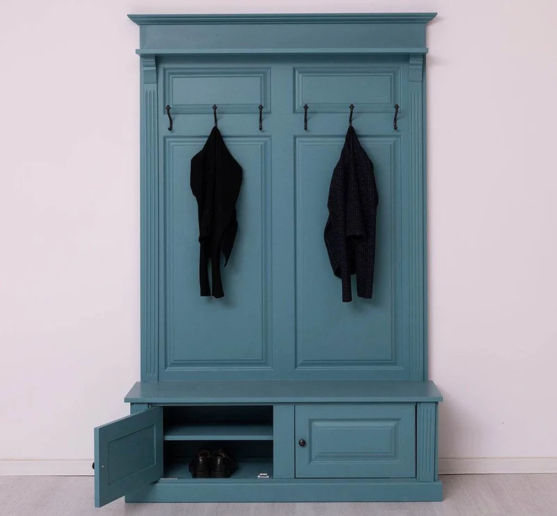 Garderobe aus Massivholz mit 6 Haken und 2 Staufächern unifarben