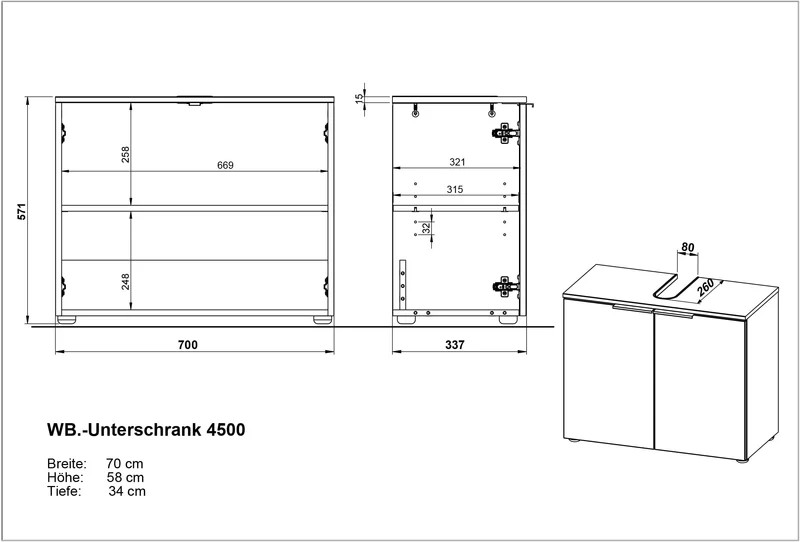 Waschbeckenunterschrank Weiß-Beige 70x34x58 cm mit Siphonaussparung