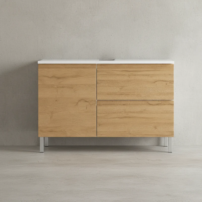Waschbeckenunterschrank Weiß und Eiche Grandson 80x34x56 cm mit Chromfüßen