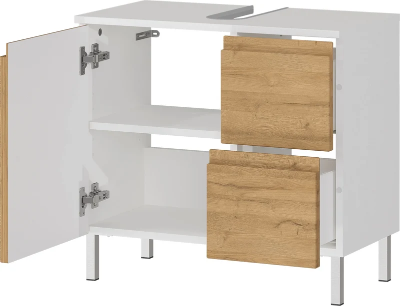 Waschbeckenunterschrank Weiß und Eiche Grandson 60x34x56 cm mit Chromfüßen
