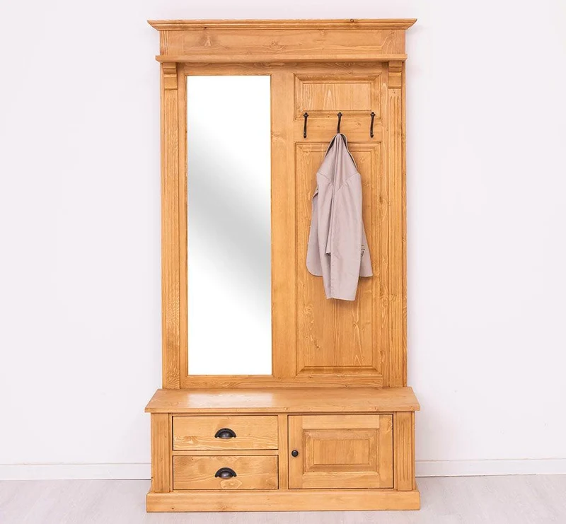Garderobe aus Massivholz mit Spiegel und Staufächern