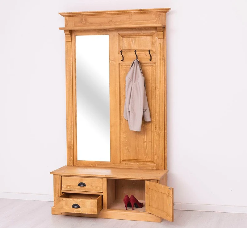 Garderobe aus Massivholz mit Spiegel und Staufächern
