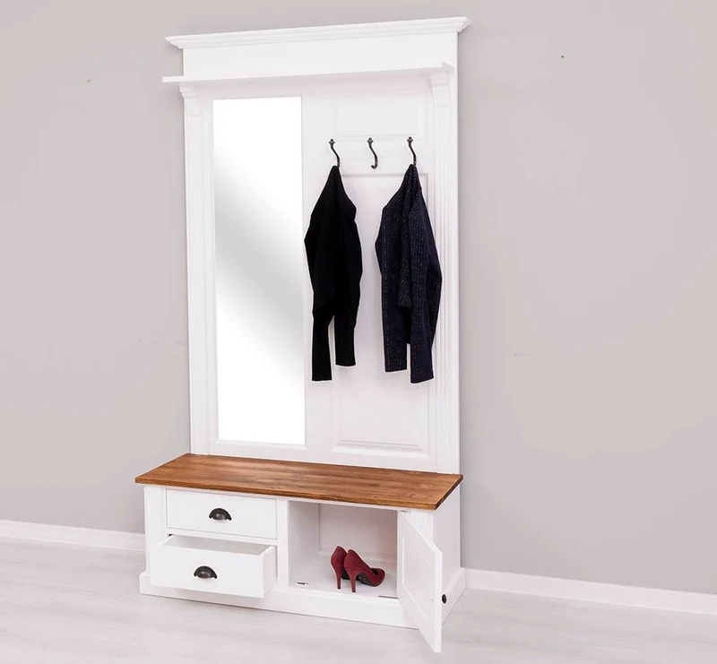 Garderobe aus Massivholz mit Spiegel und Staufächern