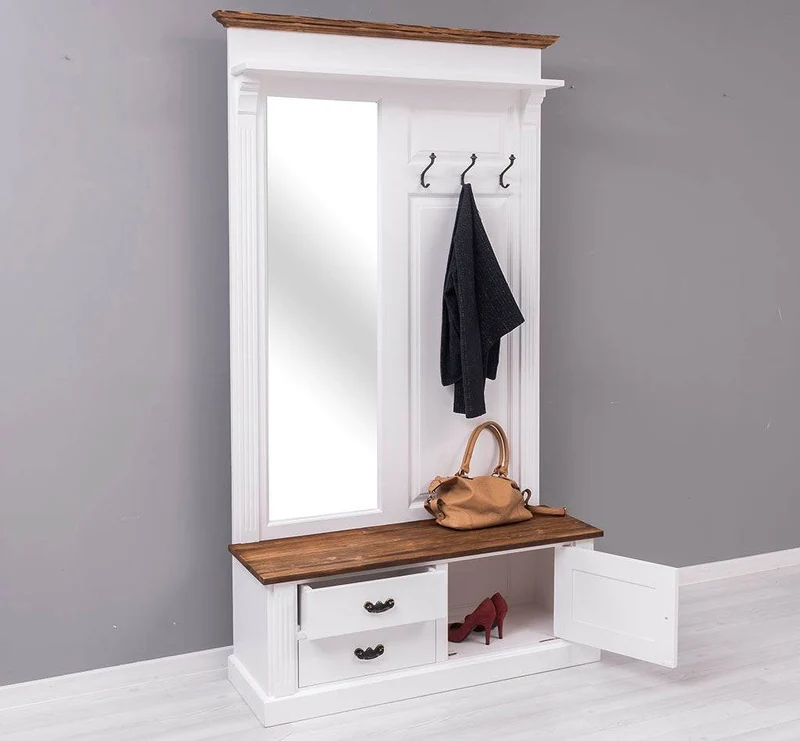 Garderobe aus Massivholz mit Spiegel und Staufächern