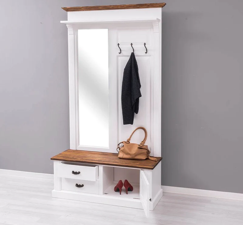 Garderobe aus Massivholz mit Spiegel und Staufächern