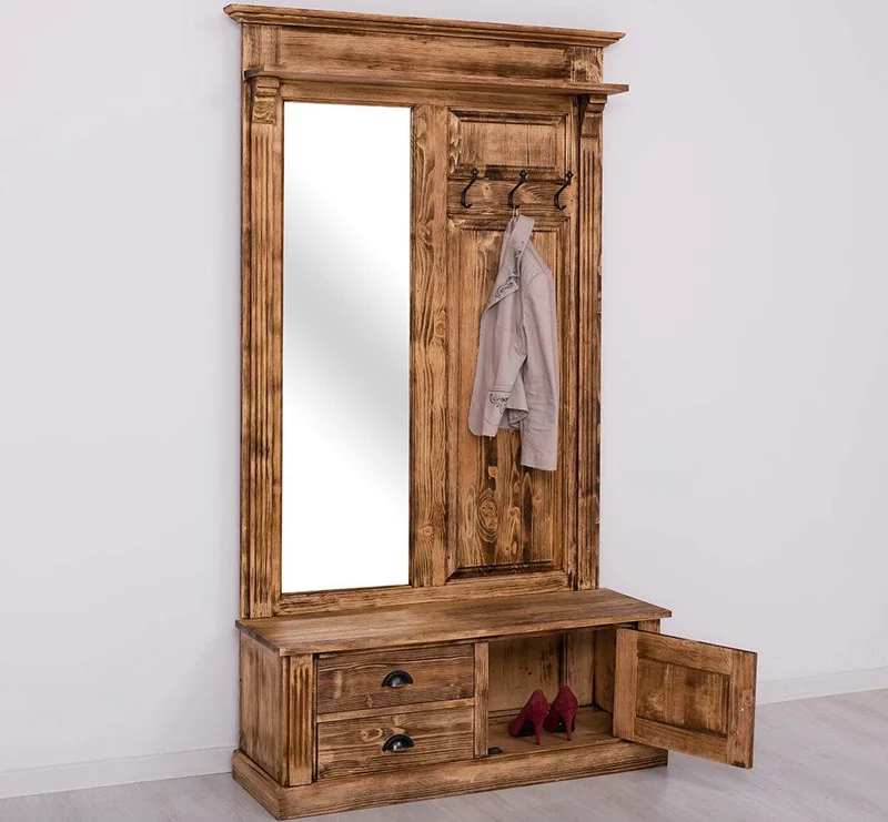 Garderobe aus Massivholz mit Spiegel und Staufächern
