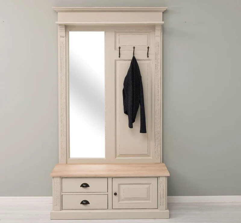 Garderobe aus Massivholz mit Spiegel und Staufächern