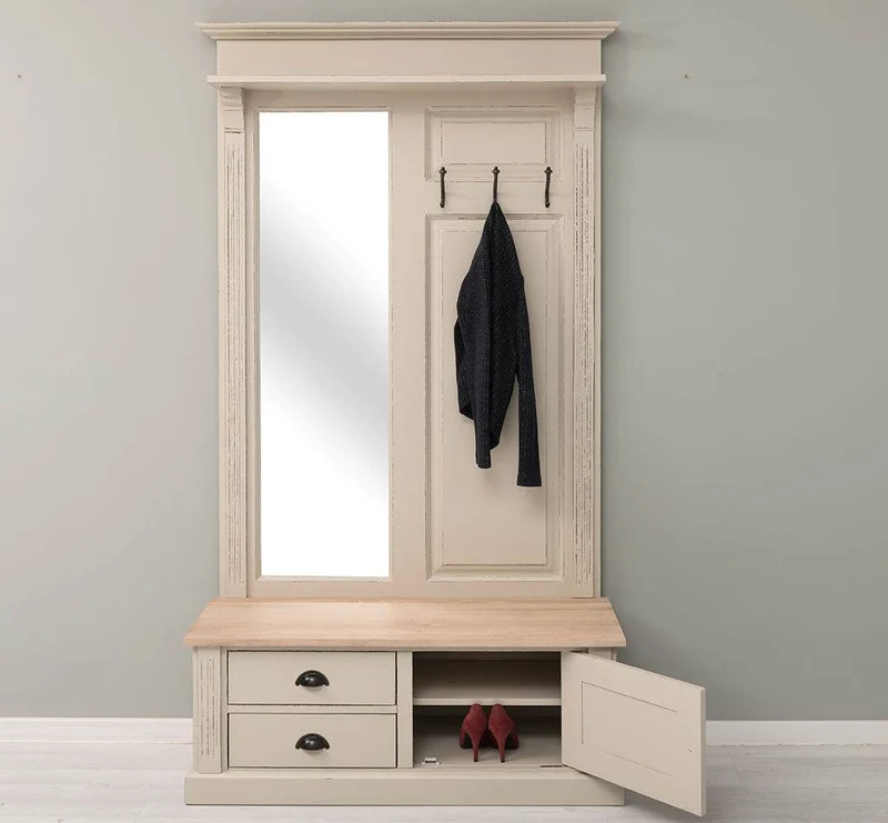 Garderobe aus Massivholz mit Spiegel und Staufächern