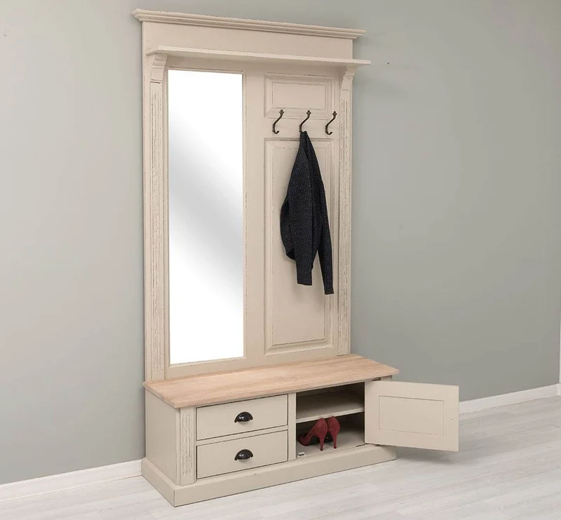 Garderobe aus Massivholz mit Spiegel und Staufächern
