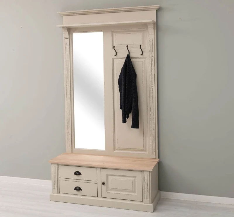 Garderobe aus Massivholz mit Spiegel und Staufächern