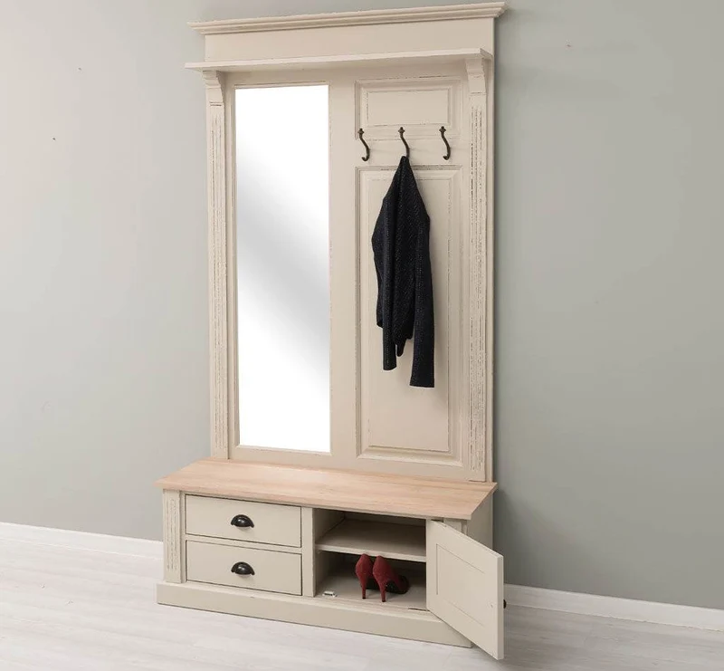 Garderobe aus Massivholz mit Spiegel und Staufächern