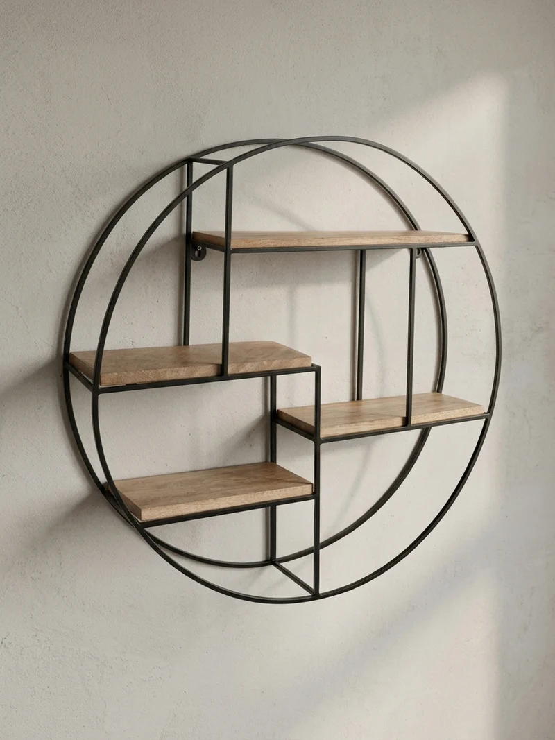 Wandregal Mango Massivholz Metall Industrial Stil 70x70x18 cm Rund