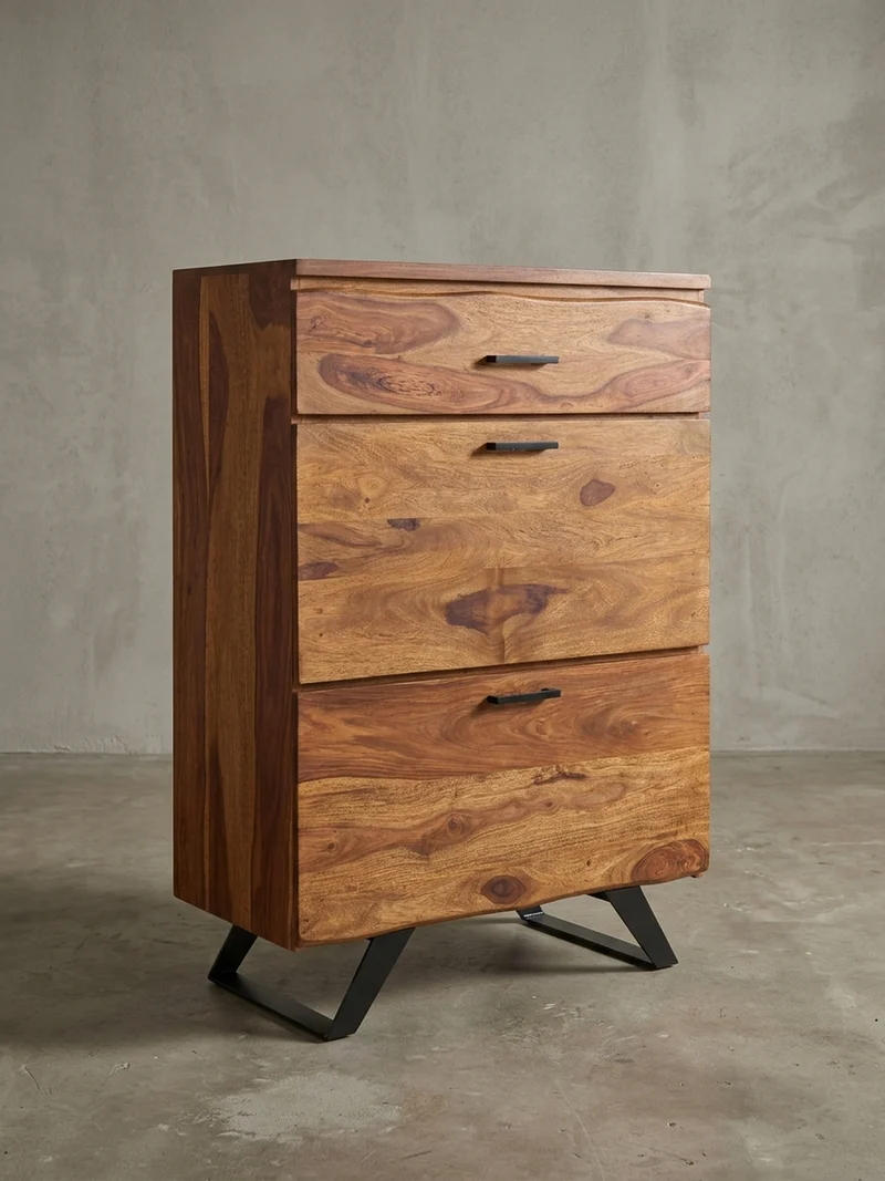 Kommode – Massivholz, 80x120x41,5 cm, Metallgestell, 3 Schubladen