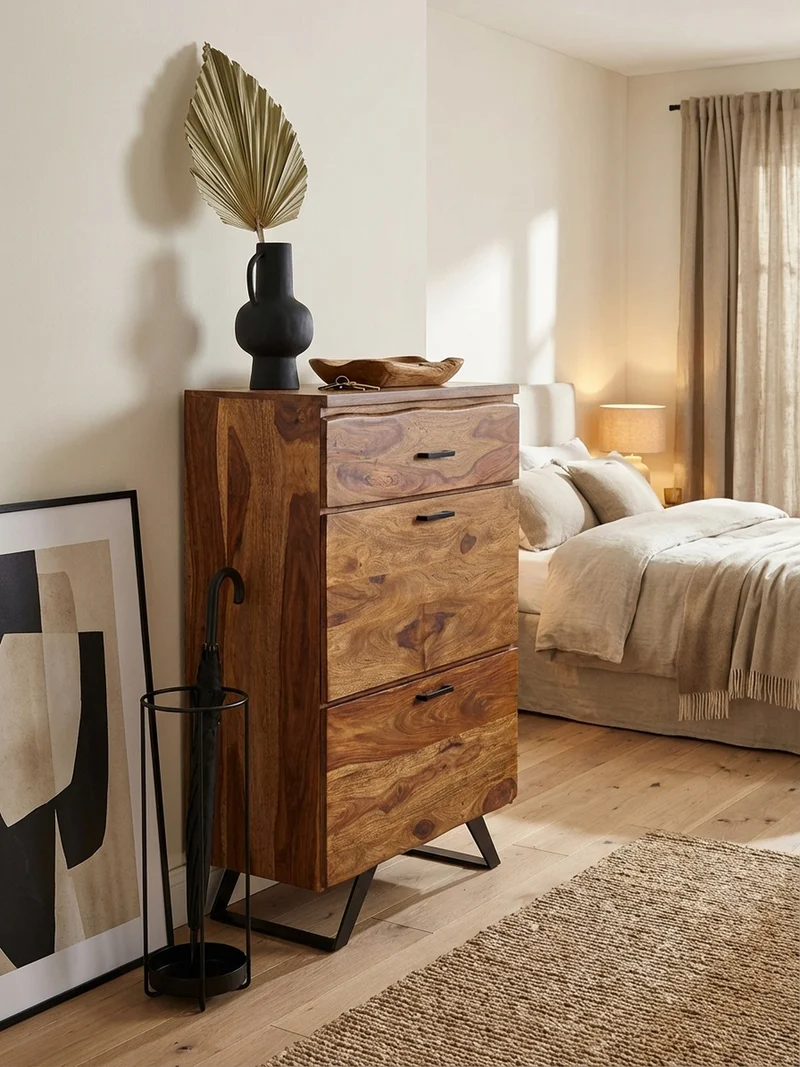 Kommode – Massivholz, 80x120x41,5 cm, Metallgestell, 3 Schubladen