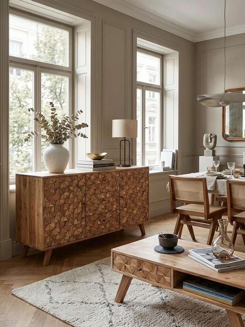 Sideboard –, Akazie Massivholz, 140x78,5x40 cm, Landhausstil, 3 Schubladen, 2 Türen