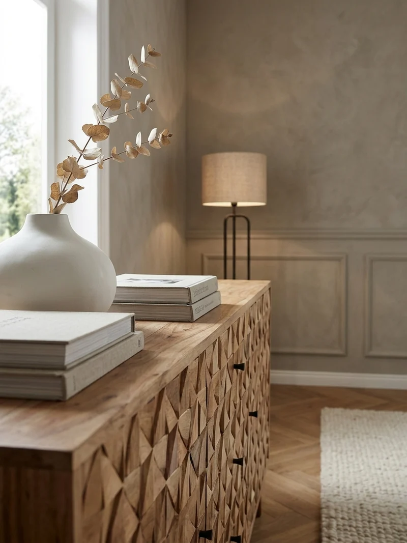 Sideboard –, Akazie Massivholz, 140x78,5x40 cm, Landhausstil, 3 Schubladen, 2 Türen