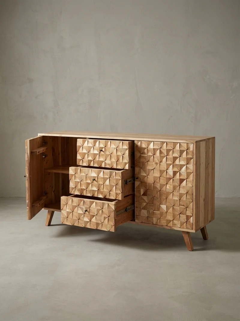 Sideboard –, Akazie Massivholz, 140x78,5x40 cm, Landhausstil, 3 Schubladen, 2 Türen