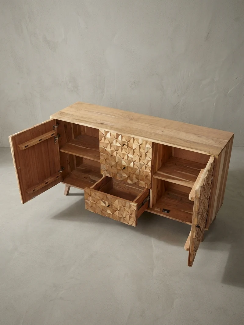 Sideboard –, Akazie Massivholz, 140x78,5x40 cm, Landhausstil, 3 Schubladen, 2 Türen