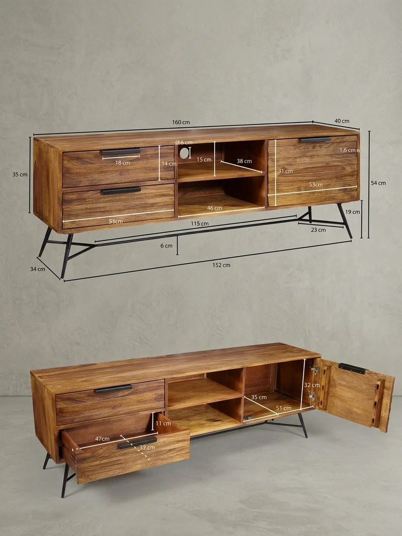 Lowboard Massivholz Industrial Stil 160x54x40 cm Modell NISHAN